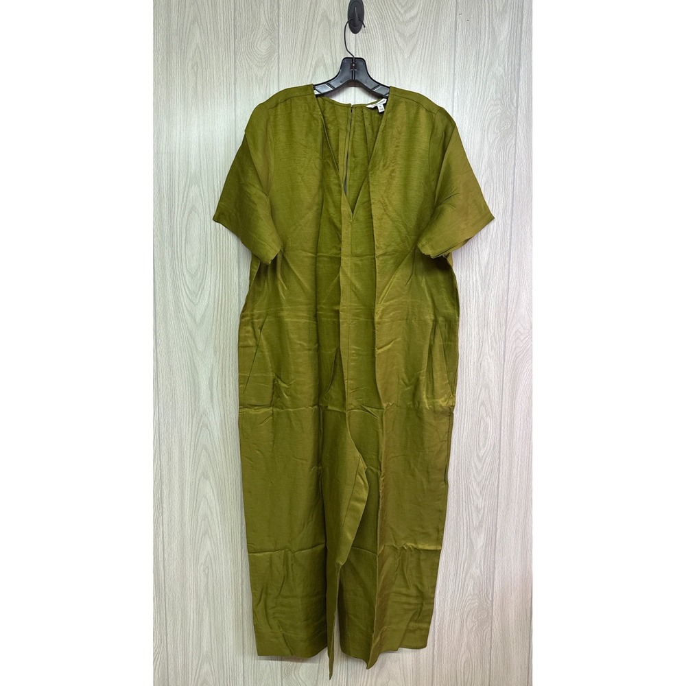 Banana Republic Womens Olive Green Linen Blend V-Neck Wide Leg Jumpsuit XL NWT